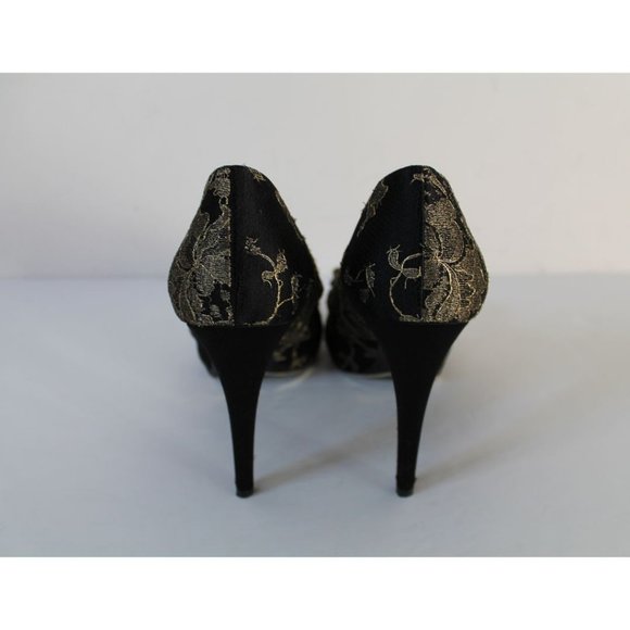 Salvatore Ferragamo Teodora Peep Toe Satin Lace Pumps Size 9.5 Black Gold - Picture 7 of 12